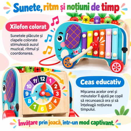 Jucărie Montessori Multifuncțională din Lemn cu Pescuit Magnetic, Ciocănel și Xilofon, Centru de Activități pentru Copii [6]