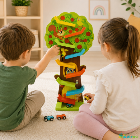 Circuit Montessori din Lemn în Formă de Copac cu Mașinuțe și Rampe Colorate [1]