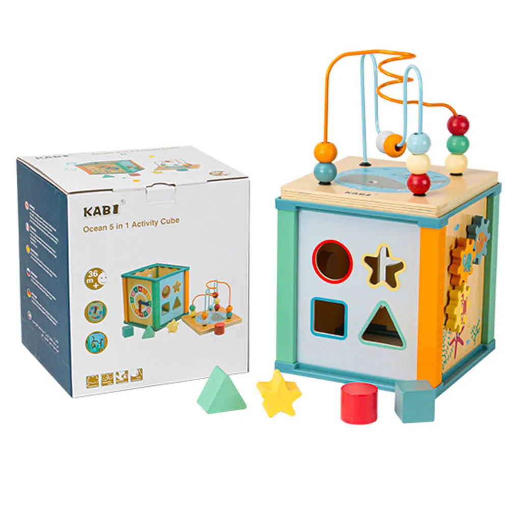 Jocuri Stem, de explorare - Cub Educativ Kabi Ocean 5 în 1 din Lemn cu Sortator și Labirint