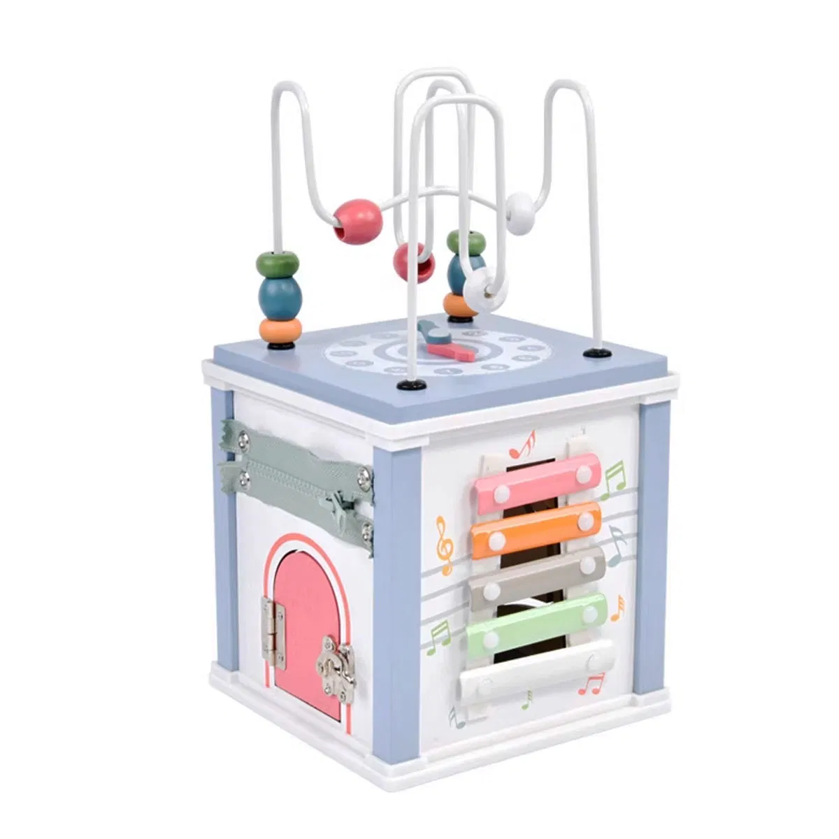 Jocuri Stem, de explorare - Cub Educativ din Lemn cu Activități, Labirint și Xilofon