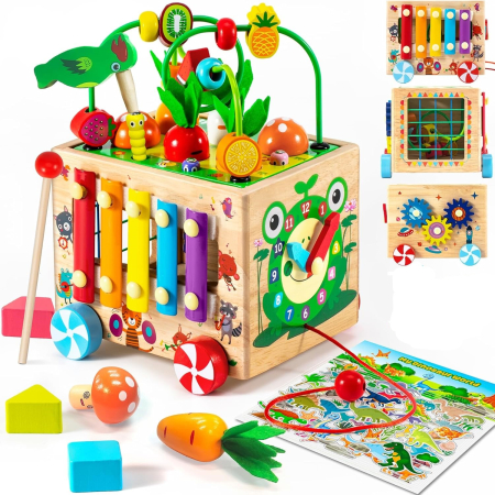 Jocuri Montessori multifunctionale - Cub Educativ Montessori 8 în 1 din Lemn cu Xilofon