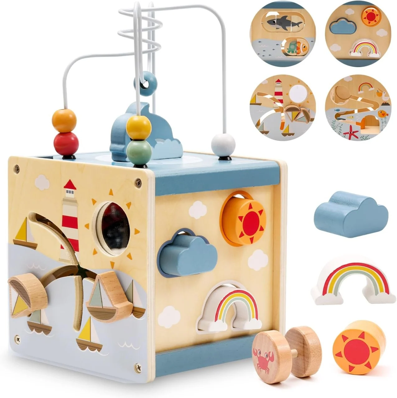 Jocuri Stem, de explorare - Cub Montessori din Lemn 6 în 1 cu Activități și Tematică Ocean