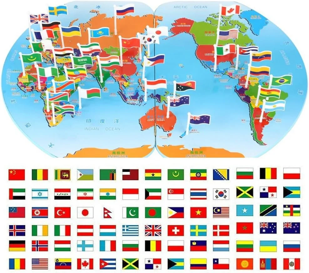 Harta Lumii cu Steaguri 3D, Puzzle Educativ de Geografie, 36 Țări, Joc Montessori din Lemn, 3 ani+ (4) [10]