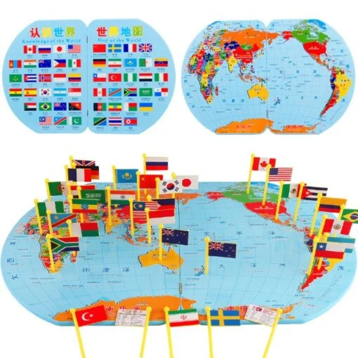 Jocuri Memorie si Asociere - Harta Lumii cu Steaguri 3D, Puzzle Educativ de Geografie, 36 Țări, Joc Montessori din Lemn, 3 ani+ (4)