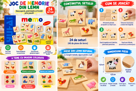 Joc Educativ Memo din Lemn, 24 Piese Ilustrate, Joc de Memorie și Asociere pentru Copii, 4+ Ani [2]