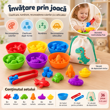 Joc Educativ de Sortare și Numărare cu 36 Vehicule Colorate, 6 Boluri, 2 Pensete și Săculeț, 3+ Ani [2]