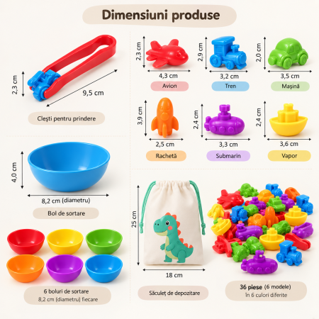Joc Educativ de Sortare și Numărare cu 36 Vehicule Colorate, 6 Boluri, 2 Pensete și Săculeț, 3+ Ani [4]
