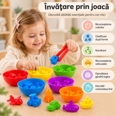 Joc Educativ de Sortare și Numărare cu 36 Vehicule Colorate, 6 Boluri, 2 Pensete și Săculeț, 3+ Ani [5]