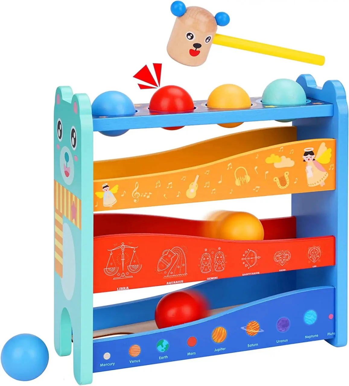 3 ani + - Joc Educativ din Lemn cu Ciocan, Bile și Circuit cu Rampe
