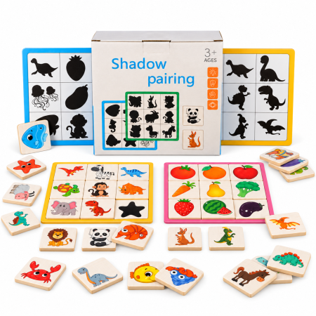 Jocuri Memorie si Asociere - Jocul Umbrelor din Lemn Shadow Pairing, Puzzle Educativ de Asociere Imagini și Siluete, 3+ Ani