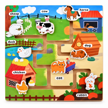 Jocuri Memorie si Asociere - Joc Montessori Labirint din Lemn cu Animale de la Fermă, Asociere și Învățare în Limba Engleză, Motricitate Fină, 3+ Ani