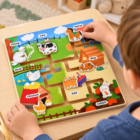 Joc Montessori Labirint din Lemn cu Animale de la Fermă, Asociere și Învățare în Limba Engleză, Motricitate Fină, 3+ Ani [1]
