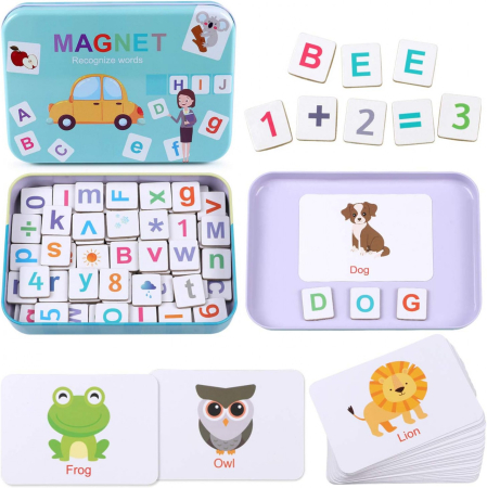 Invata Matematica prin joaca - Joc Educativ Magnetic cu Litere, Cifre și Carduri în Cutie Metalică
