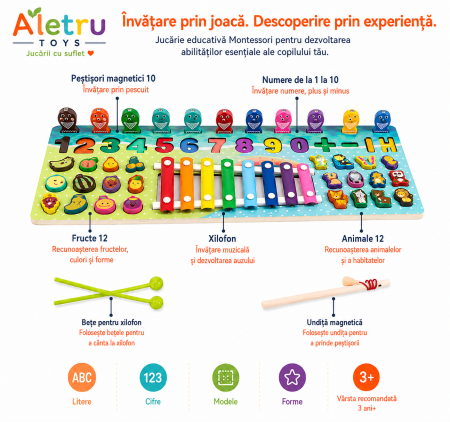 Joc Montessori Multifuncțional din Lemn cu Pescuit Magnetic, Cifre și Xilofon [2]