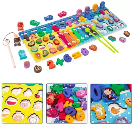 Joc Montessori Multifuncțional din Lemn cu Pescuit Magnetic, Cifre și Xilofon [7]