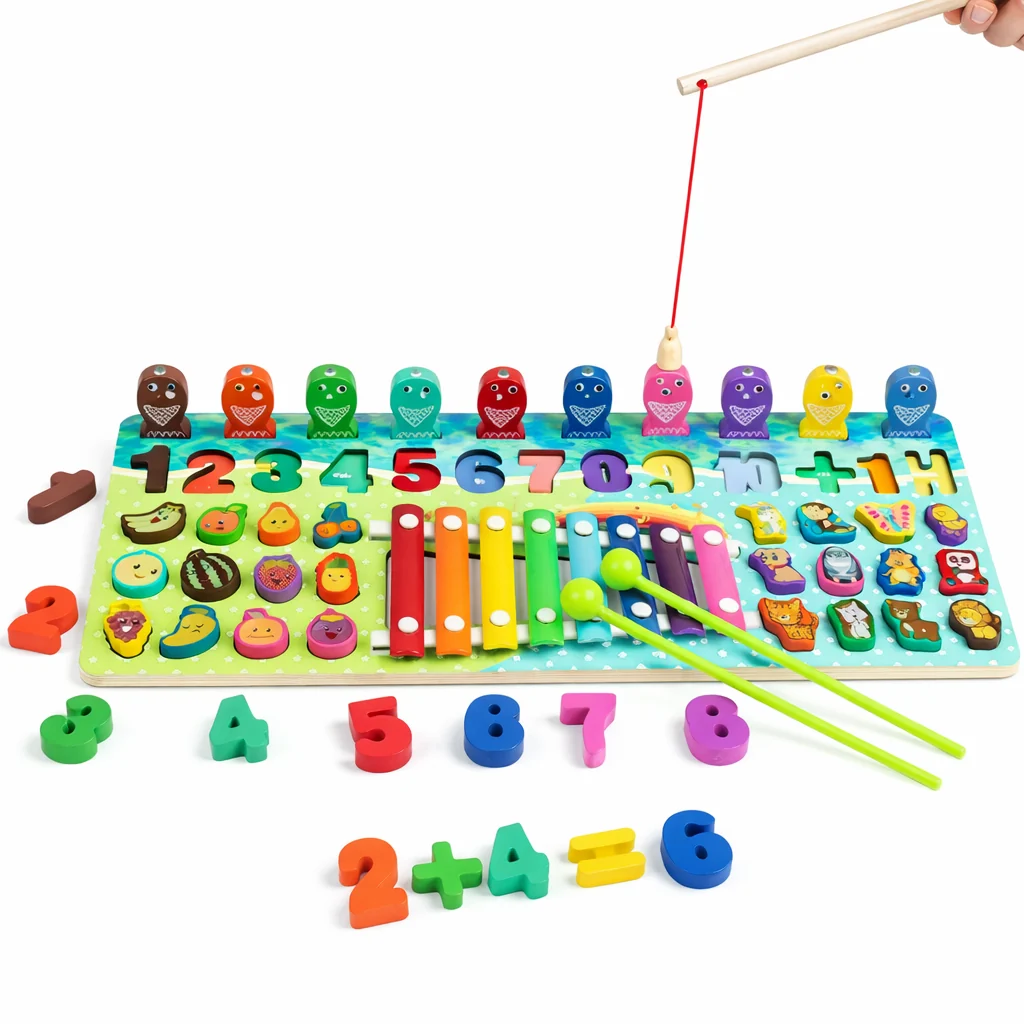Jocuri Memorie si Asociere - Joc Montessori Multifuncțional din Lemn cu Pescuit Magnetic, Cifre și Xilofon