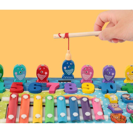 Joc Montessori Multifuncțional din Lemn cu Pescuit Magnetic, Cifre și Xilofon [1]
