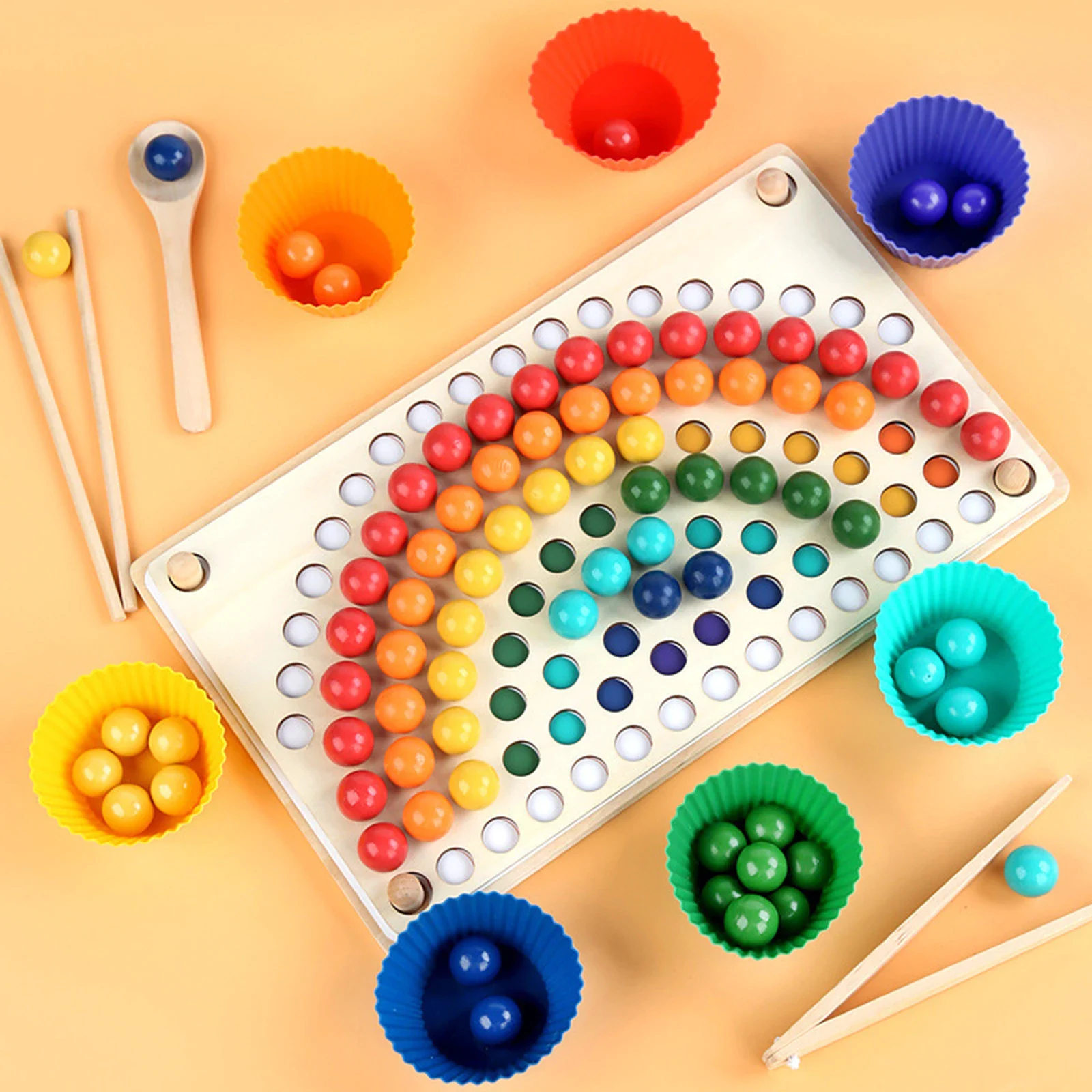 Joc Montessori Rainbow Clip cu Bile din Lemn pentru Asocierea Culorilor (1) [16]