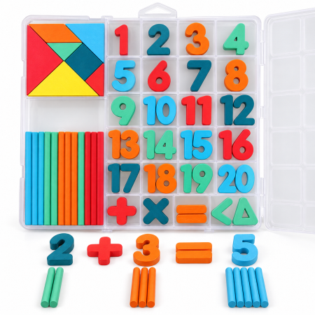 Jocuri Memorie si Asociere - Set Educațional de Matematică cu Numere 1-20, Bețișoare de Numărat și Tangram, Joc Montessori pentru Copii