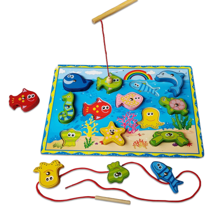 Jocuri Memorie si Asociere - Joc Montessori de Pescuit Magnetic din Lemn cu Animale Marine