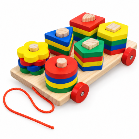 Jocuri Interactive - Joc Montessori din Lemn cu Forme Geometrice de Sortat și Stivuit, Cărucior cu Roți și Șnur, Joc Educativ 3+ Ani