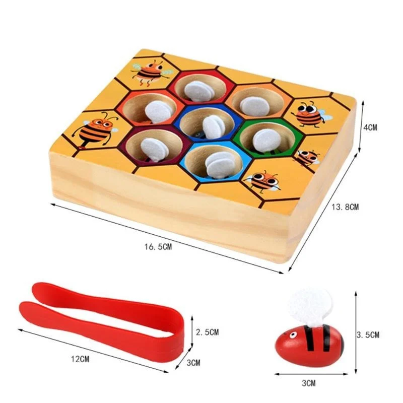 Joc Montessori din Lemn cu Albine Colorate Stup și Pensetă pentru Sortare [8]