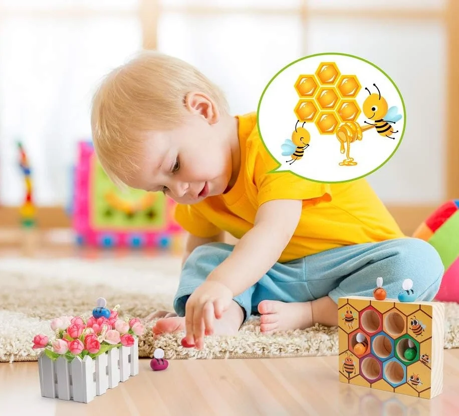 Joc Montessori din Lemn cu Albine Colorate Stup și Pensetă pentru Sortare [3]