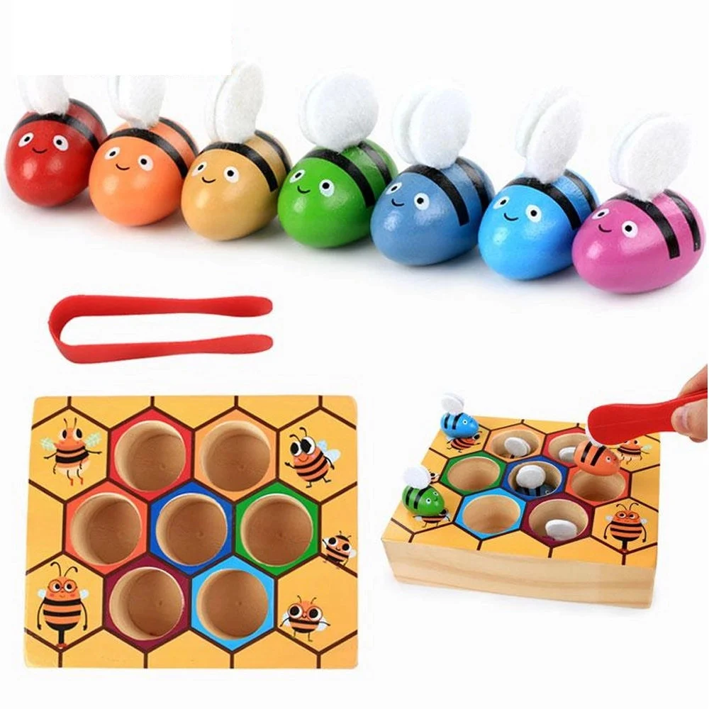 Joc Montessori din Lemn cu Albine Colorate Stup și Pensetă pentru Sortare [7]