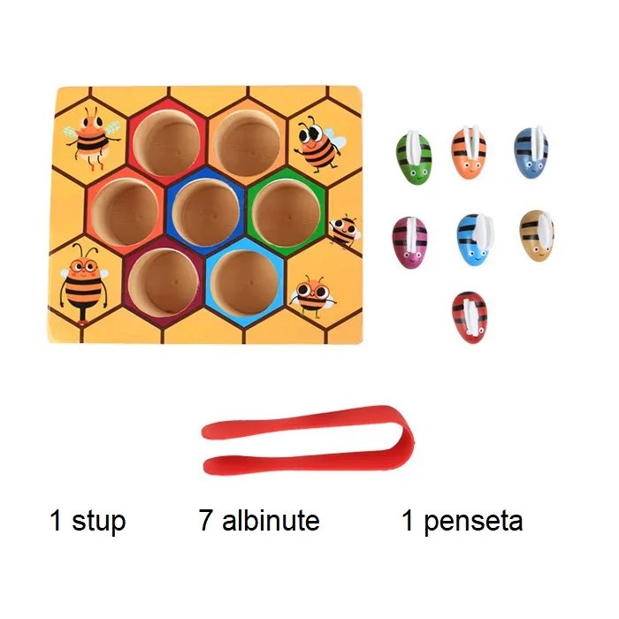 Joc Montessori din Lemn cu Albine Colorate Stup și Pensetă pentru Sortare [5]