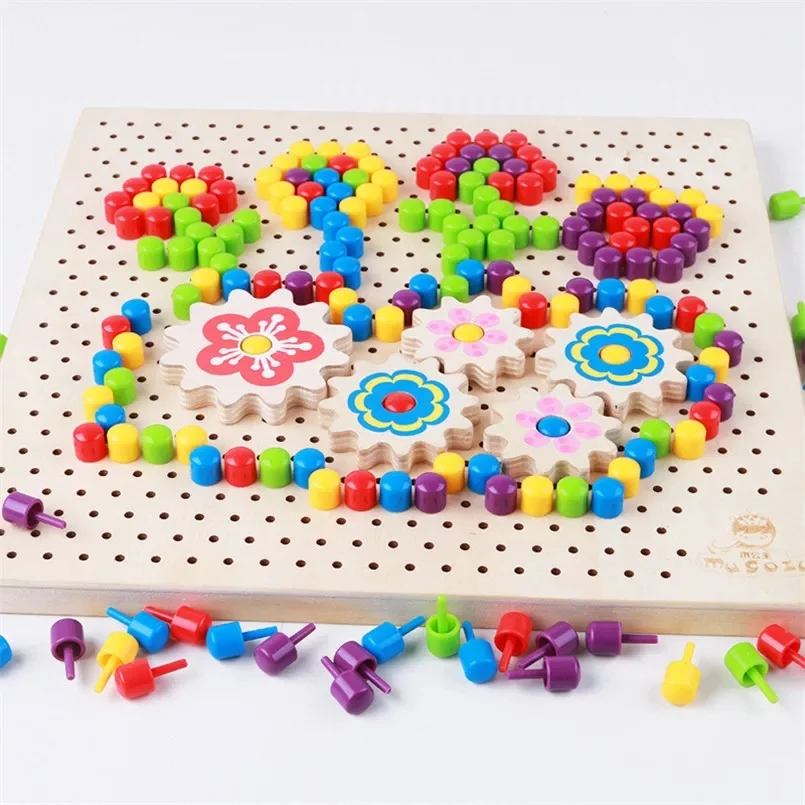 Joc Montessori din Lemn cu Mozaic Șabloane și Roți Dințate Pegboard Creativ [8]