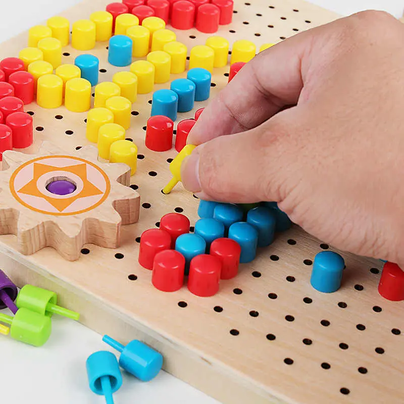 Joc Montessori din Lemn cu Mozaic Șabloane și Roți Dințate Pegboard Creativ [1]