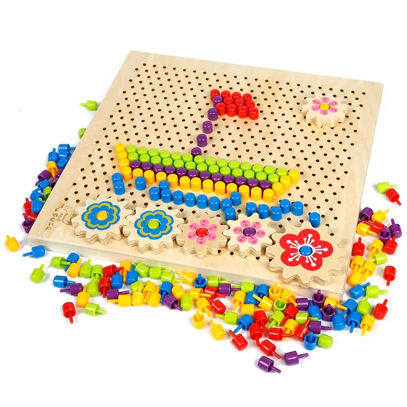 Jocuri Memorie si Asociere - Joc Montessori din Lemn cu Mozaic Șabloane și Roți Dințate Pegboard Creativ