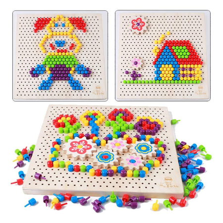 Joc Montessori din Lemn cu Mozaic Șabloane și Roți Dințate Pegboard Creativ [3]