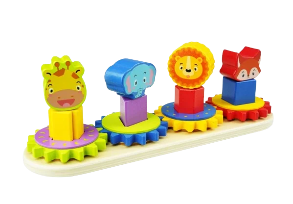 3 ani + - Joc Montessori din Lemn cu Roți Dințate și Animăluțe