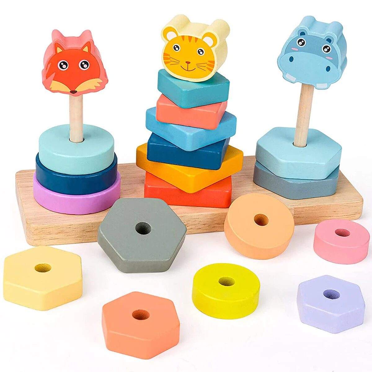 Jocuri Interactive - Joc Montessori din Lemn cu Sortare și Stivuire Forme pe 3 Coloane cu Animăluțe