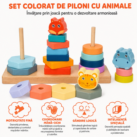 Joc Montessori din Lemn cu Sortare și Stivuire Forme pe 3 Coloane cu Animăluțe [1]