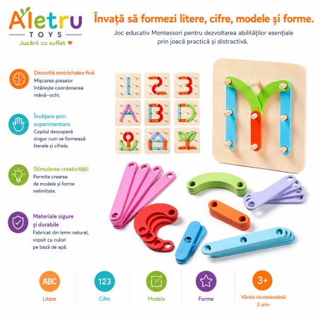 Joc Montessori din Lemn pentru Construirea Literelor și Formelor cu Piese Colorate [2]