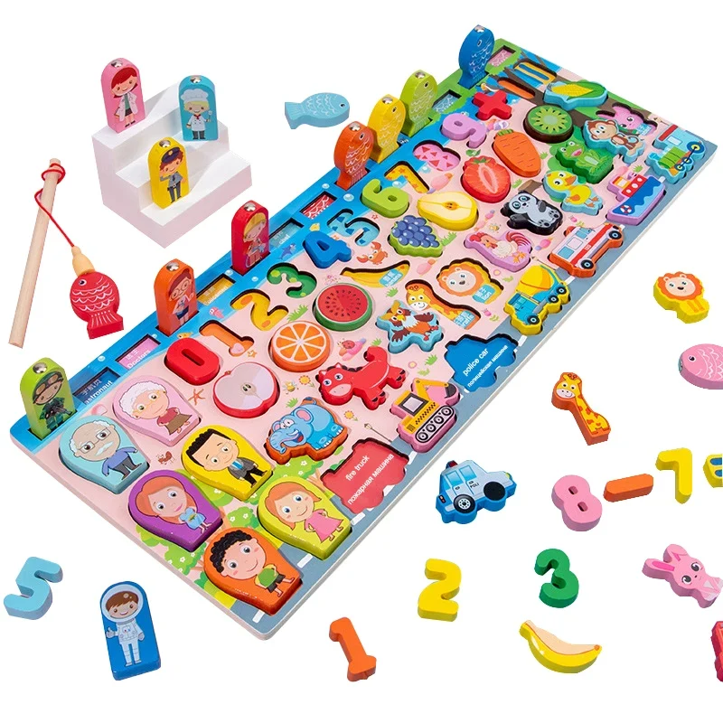 Invata Matematica prin joaca - Joc Montessori Multifuncțional din Lemn 7 în 1 cu Puzzle și Pescuit Magnetic