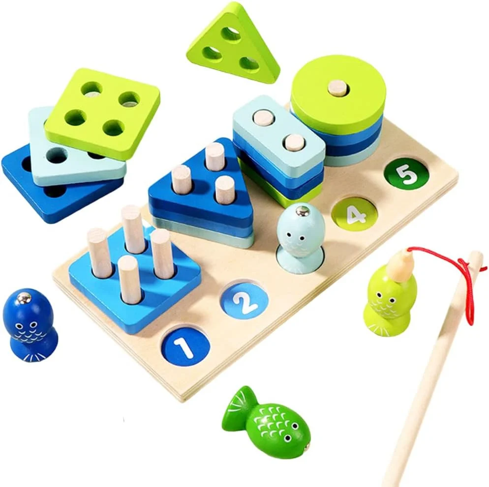 Jocuri Memorie si Asociere - Joc Montessori din Lemn cu Sortare Forme, Numere și Pescuit Magnetic