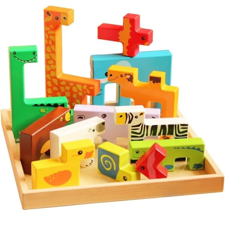 Jocuri Memorie si Asociere - Joc Tetris cu Animale din Lemn – Puzzle de Stivuire și Echilibru