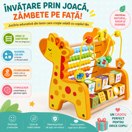 Jucărie Montessori Girafă 3 în 1 – Abac, Circuit Motric și Joc Matematic [3]