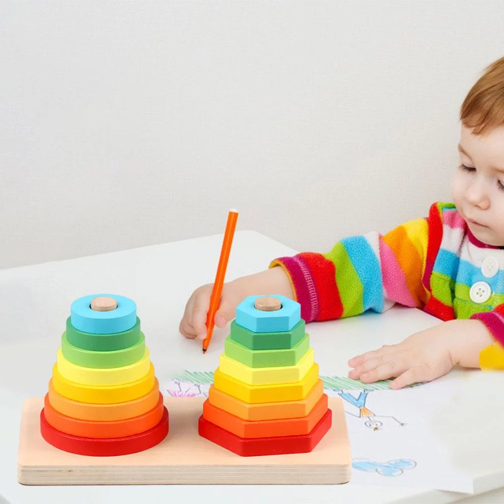 Jucărie Montessori din Lemn cu Turnuri de Stivuire Cerc și Hexagon [5]