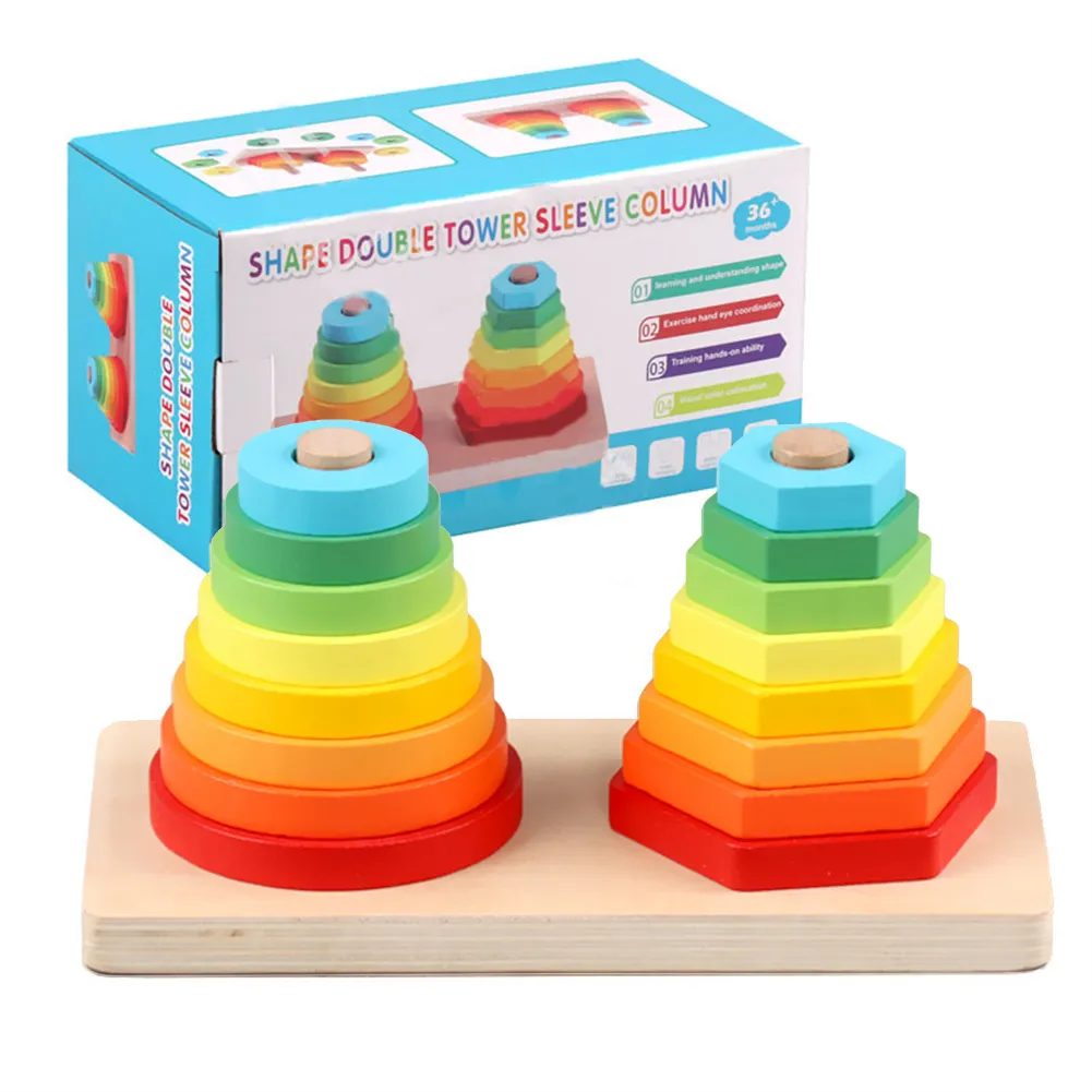 Jocuri de Constructie - Jucărie Montessori din Lemn cu Turnuri de Stivuire Cerc și Hexagon