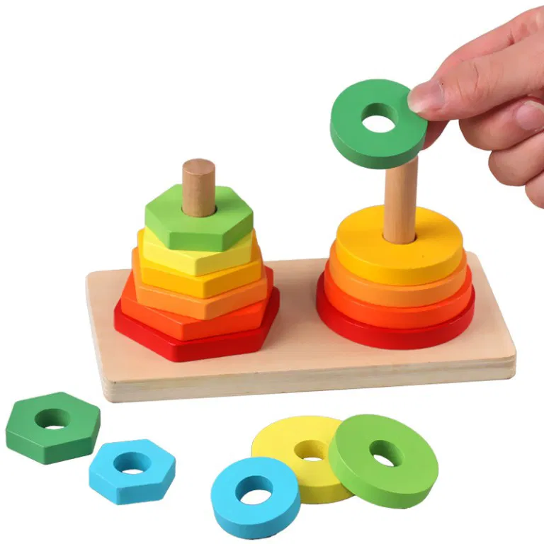 Jucărie Montessori din Lemn cu Turnuri de Stivuire Cerc și Hexagon [9]