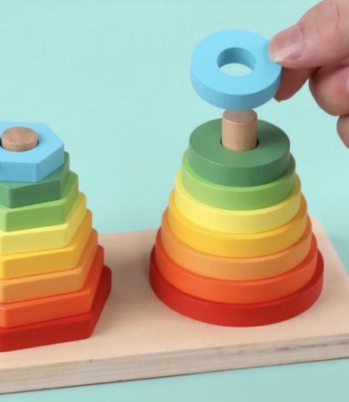 Jucărie Montessori din Lemn cu Turnuri de Stivuire Cerc și Hexagon [10]