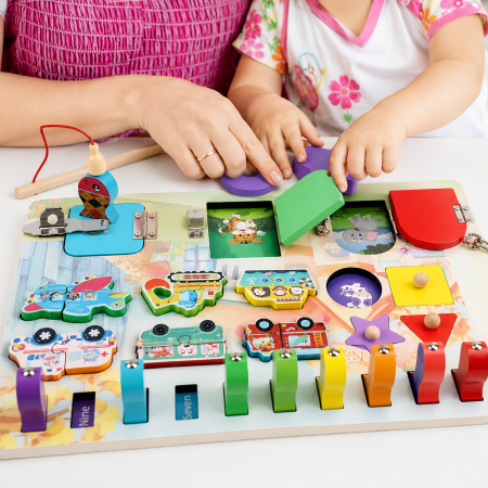 Placă Montessori Multifuncțională din Lemn cu Încuietori, Meserii și Pescuit Magnetic [1]
