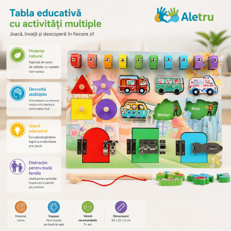 Placă Montessori Multifuncțională din Lemn cu Încuietori, Meserii și Pescuit Magnetic [2]