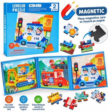 Puzzle Magnetic Educativ 3 în 1 cu Meserii și Vehicule, 48 Piese, Poliție, Pompieri și Excavator, 3+ Ani [4]