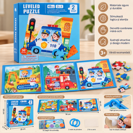 Puzzle Magnetic Educativ 3 în 1 cu Meserii și Vehicule, 48 Piese, Poliție, Pompieri și Excavator, 3+ Ani [2]
