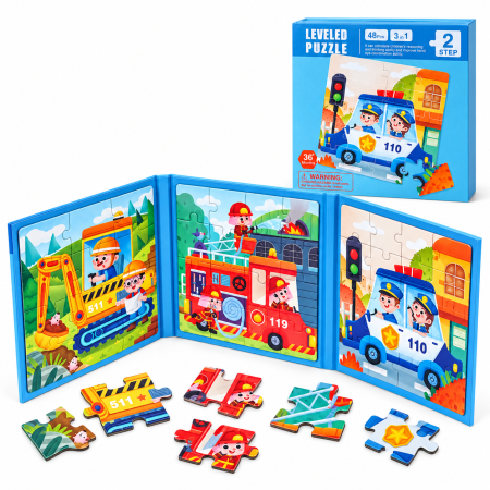 Jocuri cu vehicule, trenuri, avioane, masinute - Puzzle Magnetic Educativ 3 în 1 cu Meserii și Vehicule, 48 Piese, Poliție, Pompieri și Excavator, 3+ Ani